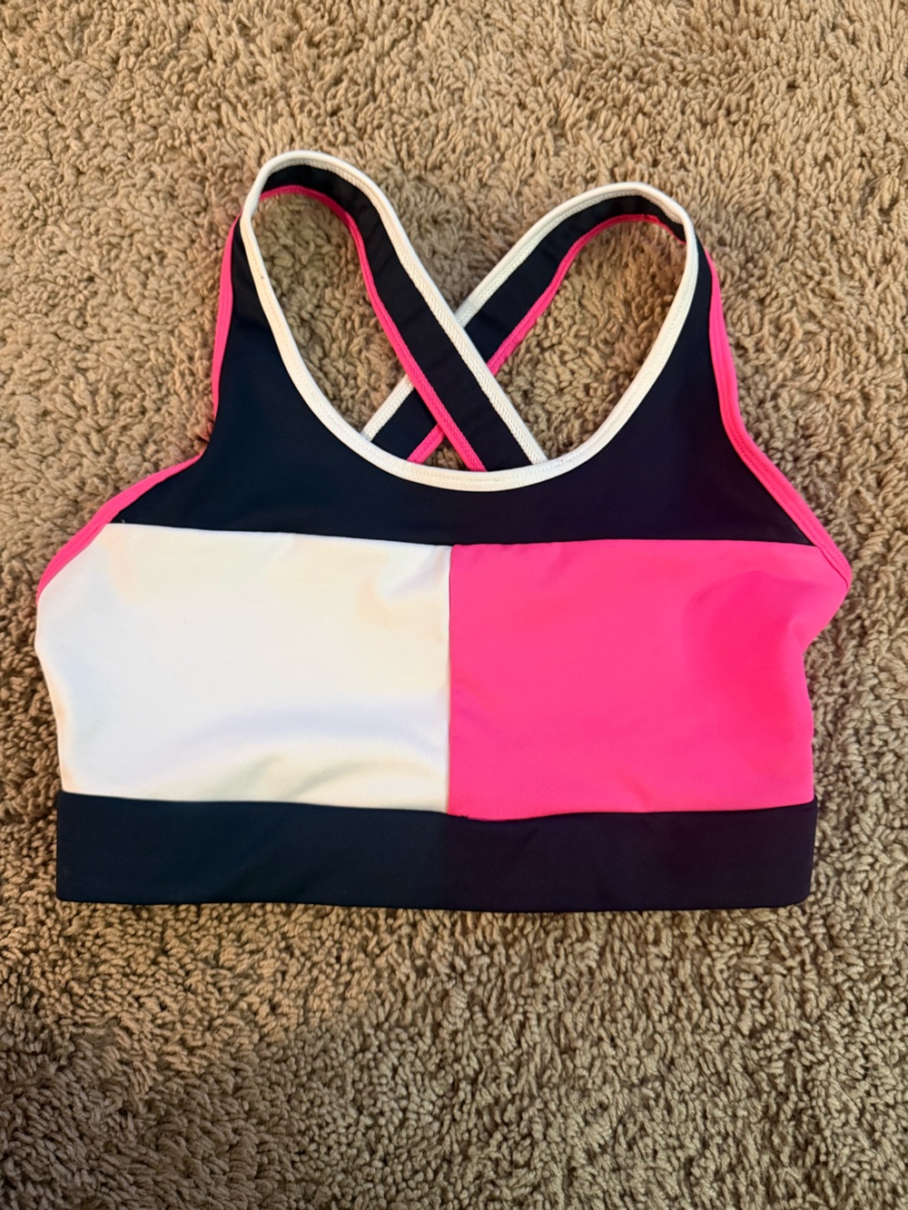 Tommy Hilfiger Navy White Pink Blocked Crisscross Sports Bra